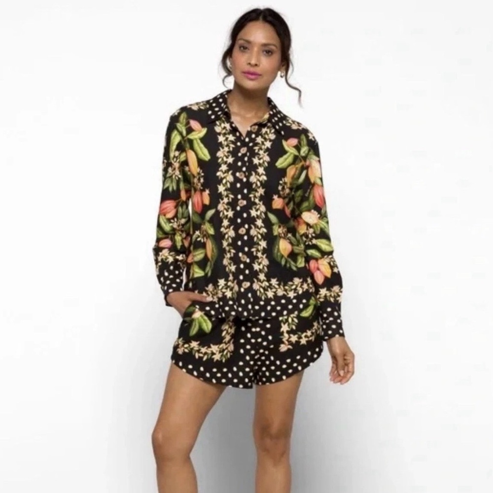 Farm Rio Cocoa Paradise Linen Blend Button Up Shirt Women's Medium Tropical Boho